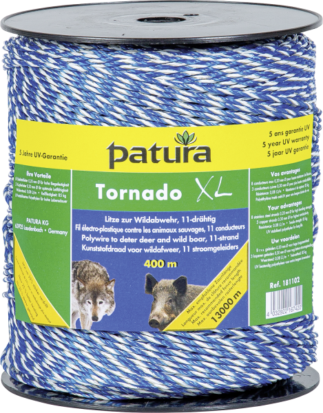 400 m Tornado XL-Litze, 0,08 Ohm/m, 8 Niro 0,2 mm, 3 Cu 0,30 mm, blau-weiß